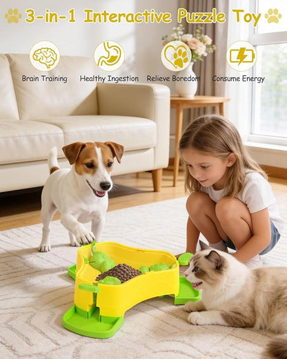 Dog Puzzle Toy, 3-in-1 Interactive Dog Puzzle Toys Press-Type Dog Treat Dispenser Toy Dog Enrichment Toy No-Slip Dog Slow Feeder Interactive Brain Training Toy for Smart Dog Cat, Green