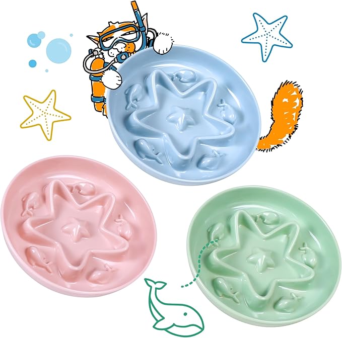 3 Pcs Cat Slow Feeder Bowl – Whisker Friendly Melamine Puzzle Feeding Cat Bowl for Slow Eating – Wet & Dry Food – Dishwasher Safe, Lightweight, Non-Slip (Blue+Pink+Green, 6.3'')