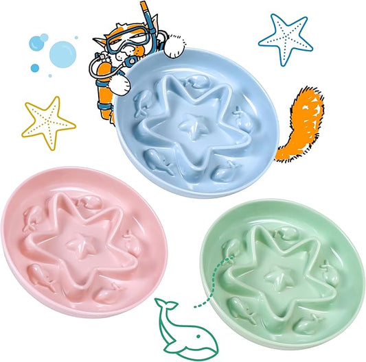 3 Pcs Cat Slow Feeder Bowl – Whisker Friendly Melamine Puzzle Feeding Cat Bowl for Slow Eating – Wet & Dry Food – Dishwasher Safe, Lightweight, Non-Slip (Blue+Pink+Green, 6.3'')