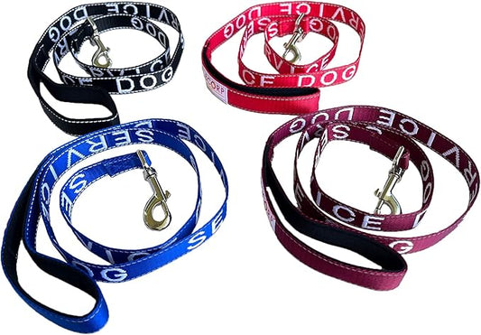 Albcorp Service Dog Leash - Embroidered- with Padded Neoprene Handle and Reflective Threads, 4 Feet, for Harnesses, Vests or Collars. Blue