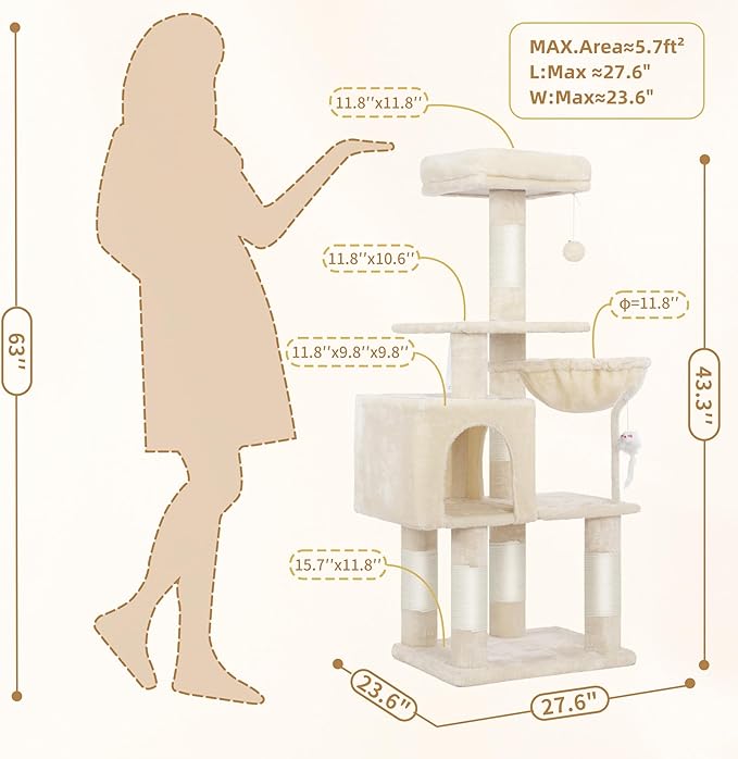 Heybly Cat Tree with Toy, Cat Tower Condo for Indoor Cats, Cat House with Padded Plush Perch, Cozy Hammock and Sisal Scratching Posts, Beige HCT004SM