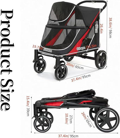 Large Dog Stroller-4 Wheel Pet Strollers for Medium Dogs or 2 Dogs- One-Click Foldable - Large Breathable Mesh & Sunroof - All Terrain Pet Stroller for Medium Senior Dog up to 88 lbs (Green-Yellow)