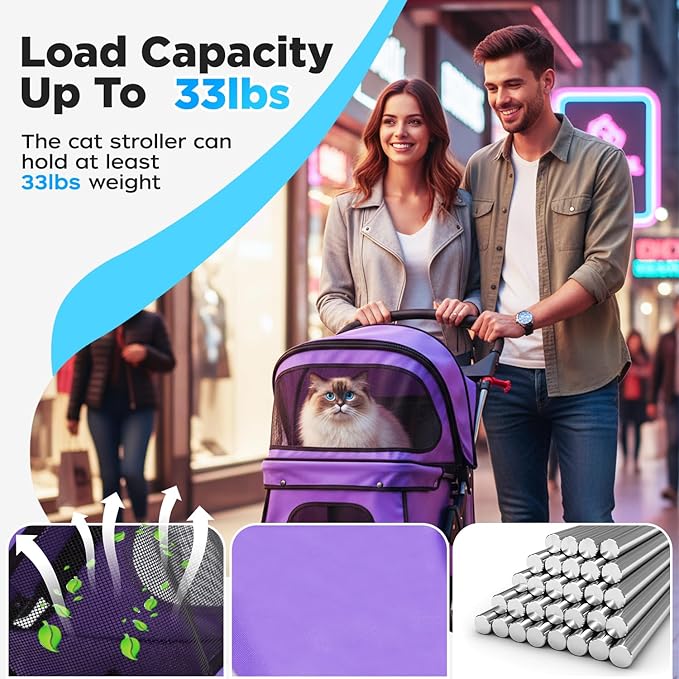 BestOffice Pet Stroller for Small Medium Dogs & Cats, 4-Wheel Foldable Dog Stroller with Cup Holder, Lightweight Travel Carrier, Waterproof Design for Outdoor Walks,Purple
