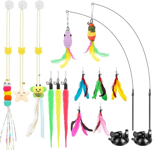Interactive Cat Toys, 15PCS Cat Wand and Feather Toys for Indoor Cats, Reusable Suction Cup Toys for Kittens Play Exercise