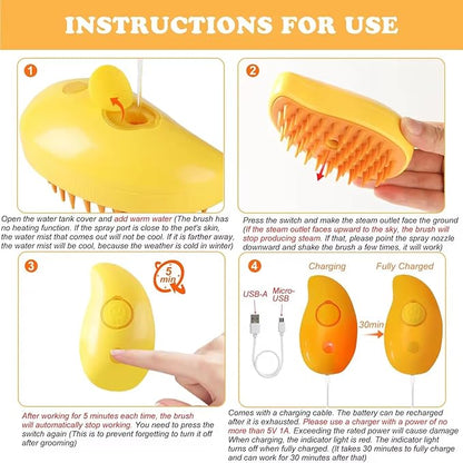 Pet Steam Brush 3-in-1 – Cat & Dog Grooming Brush with Spray – Hair Remover & Deshedding Comb – Silicone Massage Cleaner for Pets