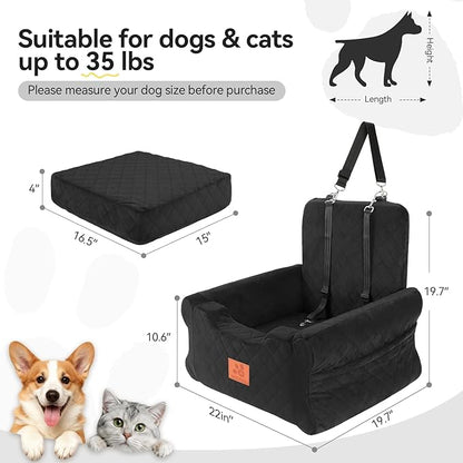 NEEZUKAR Dog Car Seats for Small/Medium Dogs, Elevated Memory Foam Dog Booster Seat, Detachable Washable Pet Car Seat with Safety Belts & Storage Pockets (Black)