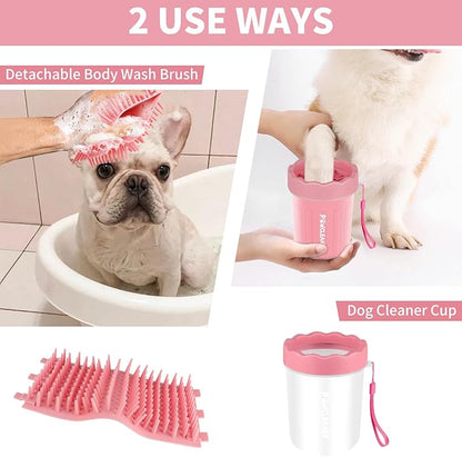 Professional 7 in 1 Dog Paw Cleaner for Dogs & Cats - Includes 1 Portable Paw Washer, 1 Bath Brush, 2 Dog Toothbrushes and 3 Absorbent Towels Note: Fits Paws up to 2 Inches Wide (Small, Light Pink)
