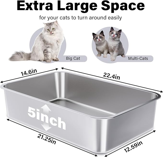 Stainless Steel Litter Box 2 Pack, XLarge Metal Litter Box for Cat, Easy Clean Non Stick Easy Entry No Smell Metal Litterbox for Kitty/Cats
