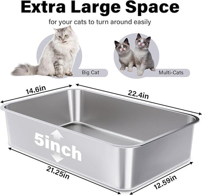 Stainless Steel Litter Box 2 Pack, XLarge Metal Litter Box for Cat, Easy Clean Non Stick Easy Entry No Smell Metal Litterbox for Kitty/Cats