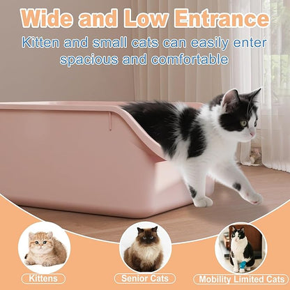 Cat Litter Box with High Sides Anti-Splashing for Indoor Cats Low Entry Kitty Litter Boxes (Pink)