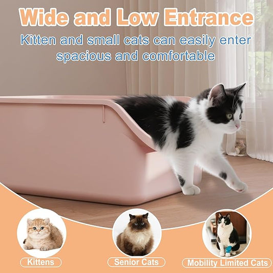 Cat Litter Box with High Sides Anti-Splashing for Indoor Cats Low Entry Kitty Litter Boxes (Pink)