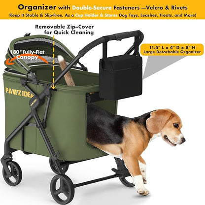PAWZIDEA Large Dog Stroller up to 80 lbs, No-Zip 180° Reversible Canopy Lockable, Lightweight Pet Stroller for 2 Medium Dogs, One-Hand Foldable, Low-Entry, All-Terrain Jogger Wheels, Storage Organizer