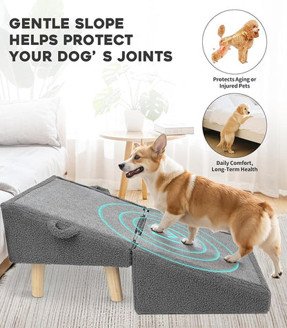 Dog Stairs for Small Dogs and Cats – 2-in-1 Dog Ramp for Couch and Low Bed, 16.5'' Foldable Wooden Pet Ramp, Sturdy Multi-Use Split Ottoman Design, Dark Grey