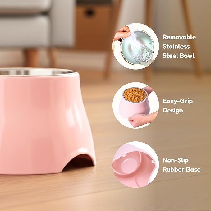 Elevated Spaniel Dog Bowl, Melamine Raised Dog Food Bowl for Long-Eared Dogs, Raised Dog Bowls for Small & Medium Dogs, Stainless Steel Inner Bowl, Non-Slip Base (Pink, M (420 ML / 1.5 Cups))
