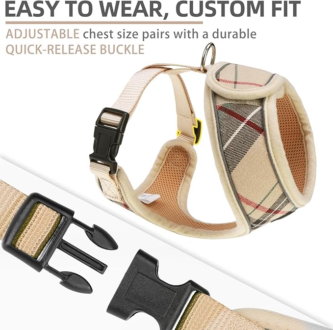 PUPTECK Soft Mesh Dog Harness Small Sized and Leash Set Pet Puppy Cat Comfort Padded Vest No Pull Harnesses, Beige Plaid, Openable Neck, New S