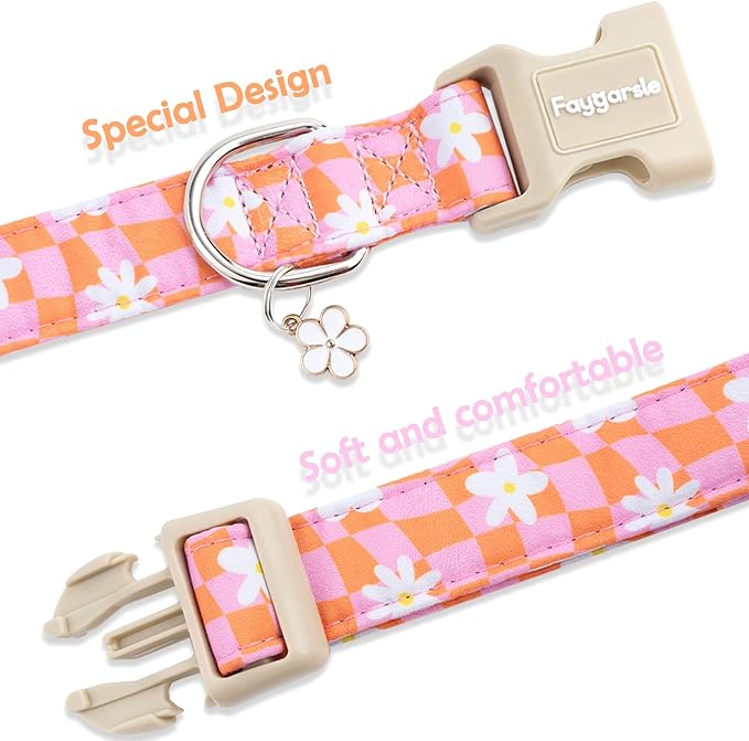 Faygarsle Floral Dog Collar, Pink and Orange Pattern with White Flowers, Spring Summer Design for Small Medium Large Dogs L