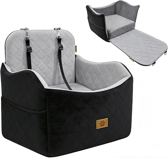 Dog Car Seat for Small/Medium Dogs Up to 35lbs, 2-in-1 Pet Car Seat with Memory Foam, Detachable Washable Dog Bed for Cars, Pet Booster Carseat with Storage Pockets Fits Front/Back Seats (Black/Grey)