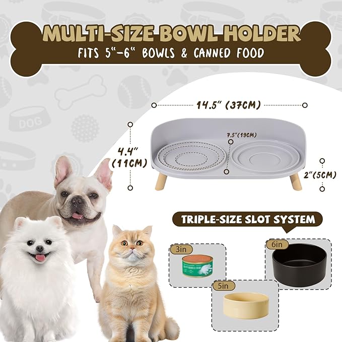Raised Dog Feeder Bowl Stand - Elevated Dining Table for Small and Medium Dogs and Cats - Fits Food and Water Dish up to 6" Diameter - Grey (Bowls Not Included)