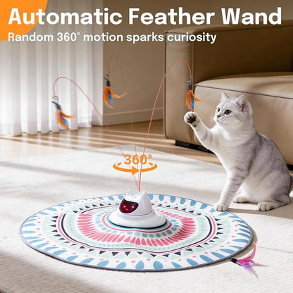 3 in 1 Automatic Interactive Cat Toy with Laser & Fluttering Feather, Rechargeable USB Laser Pointer Cat Toys for Indoor Cats, 360° Motion-Activated Hide and Seek Wand for Kittens & All Breeds
