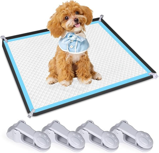 Dog Pee Pad Holder, Dog Potty Tray Silicone Puppy Pad Holder Tray Fits for 24" x 24" Training Pads, Puppy Potty Tray With 4 Clamps and No Spill Raised Lip High Edge for Indoor Floor Protection (Black)