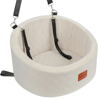 Lealchum Dog Car Seat for Small Dogs Up to 30 Lbs,Ultra Soft Fabric Fill in Comfy Memory Foam,Happy Pet Ride,2 Safety Dog Leashes,Fully Detachable and Washable,Anti Slip Base(Beige)