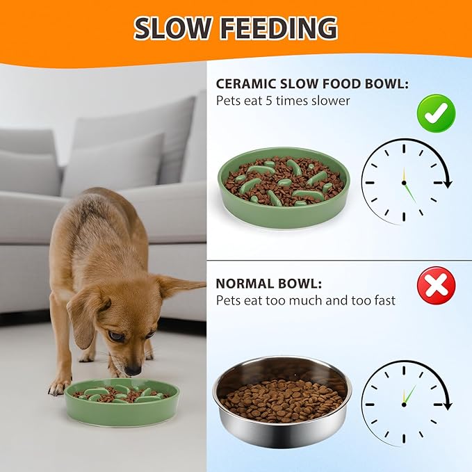 Ceramic Slow Feeder Dog Bowl, 8.3 inch Dog Food Bowls for Small, Medium, and Large Breed, Anti-Slip Puzzle Food Dish to Slow Down Eating (Green, 8.3 in)