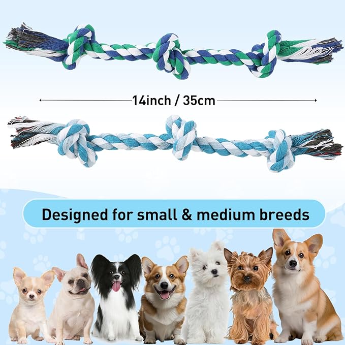 SZEE 2Pcs Dog Rope Toys for Small Breeds, 14 in 3 Knots Chew Rope Toy for Dogs, Pull Toy for Tug of War, Energy Release, Boredom Relief and Teeth Cleaning (Green & Blue)