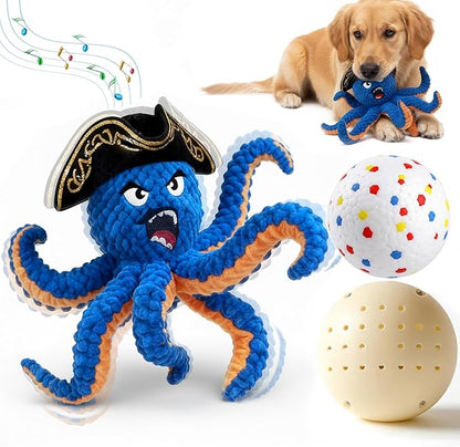 Self Moving Interactive Octopus Dog Toy Set with 2 Balls - Automatic Bouncing Wobble Ball & Durable Chew Ball, 4-in-1 Squeaky Plush Enrichment Toy to Keep Them Busy for Medium Large Dogs