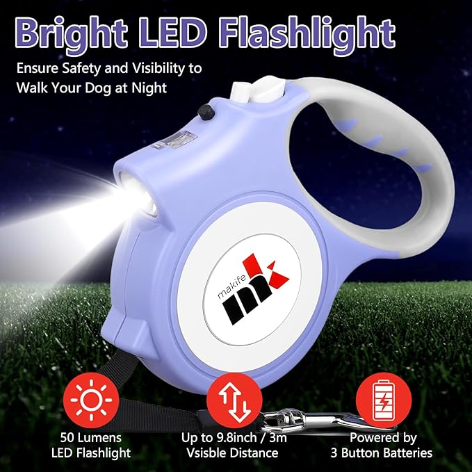 Retractable Dog Leash with LED Light Makife 5m Extendable Dog Lead for Small Medium Puppis up to 25kgs, One-Hand Brake & Lock System, Ergonomic Handle - Purple