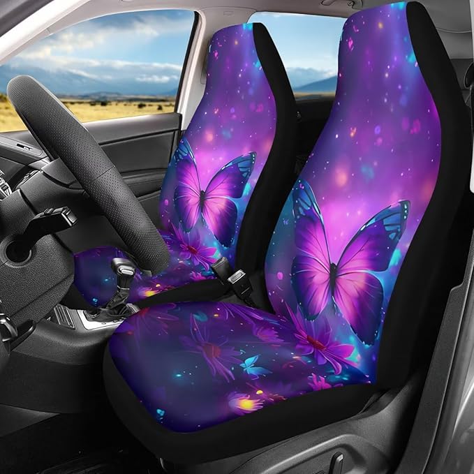Purple Butterfly Flower Car Seat Covers Full Set for Women, Universal Seat Protector for SUV Truck Van Sedans Cars, Floral Auto Seat Protectors Car Accessories