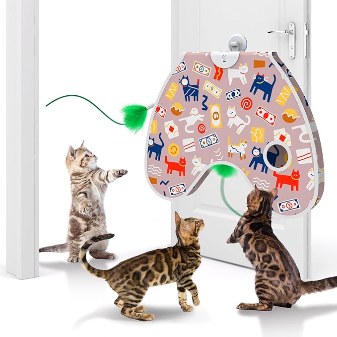 Interactive Cat Toys Moving Concealed Feathers Cat Toys Wall-Mounted Hanging Kitten Teaser Toy for Indoor Cats, Multi-Cat Households (Pink)