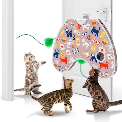 Interactive Cat Toys Moving Concealed Feathers Cat Toys Wall-Mounted Hanging Kitten Teaser Toy for Indoor Cats, Multi-Cat Households (Pink)