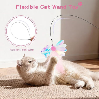 Pawaboo Feather Teaser Cat Toy, Interactive Feather Wand Cats Toy Flying Feathers Cat Catcher with Extra Long 34.5" Wand and Small Bell, Exerciser Playing Toys for Kitten or Cats, Pink Butterfly