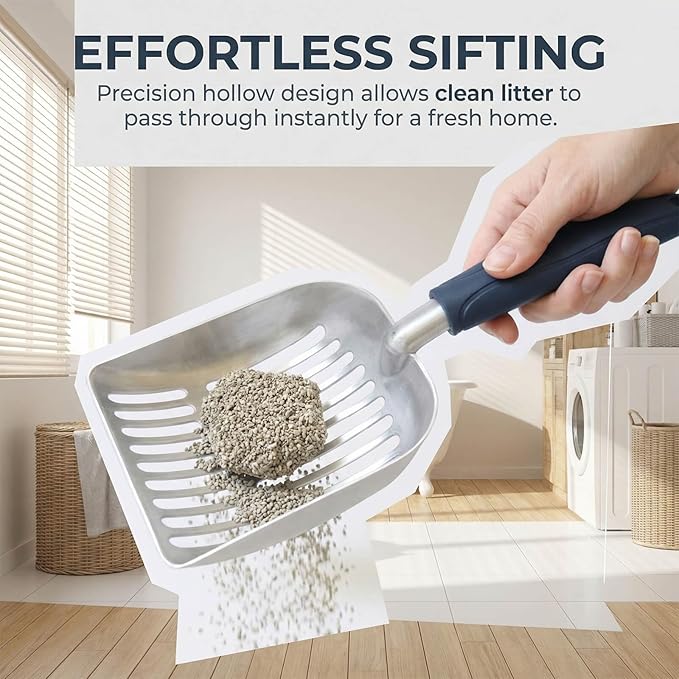 Cat Litter Scoop, Kitty Metal Scooper, Aluminum Alloy Sifter, Kitten Pooper Lifter, Deep Shovel, Long Handle, Poop Sifting, Durable, Heavy Duty, for Litter Box