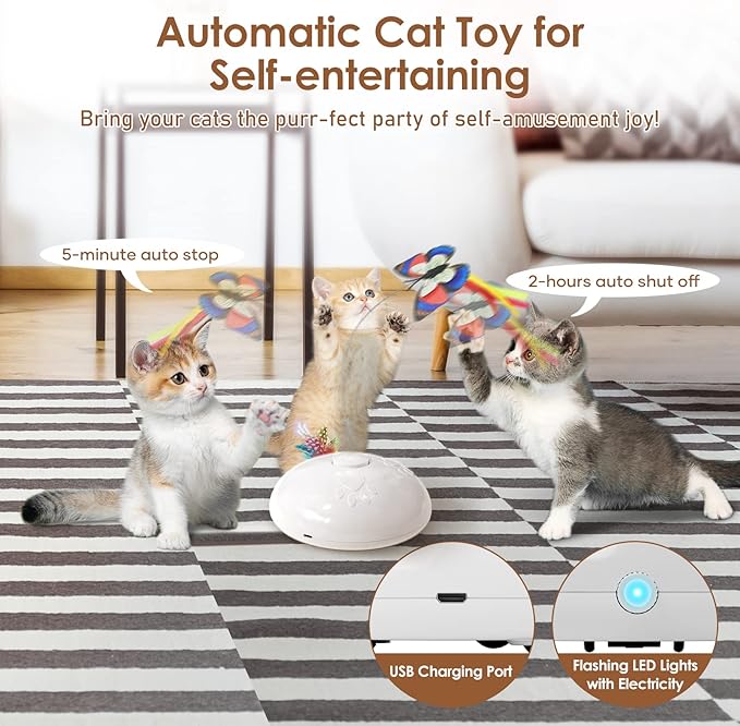 Cat Toy, Interactive 3 in 1 Moving Cat Toys with Butterfly, Feather, LED Light, Rechargeable, Automatic Sensing Kitty Teaser Wand (White)