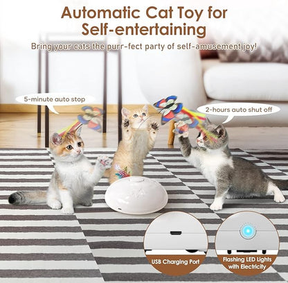 Cat Toy, Interactive 3 in 1 Moving Cat Toys with Butterfly, Feather, LED Light, Rechargeable, Automatic Sensing Kitty Teaser Wand (White)