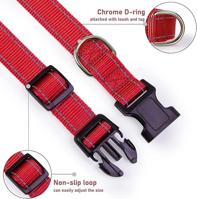 Reflective Dog Collar with Buckle Adjustable Safety Nylon Collars for Small Medium Large Dogs, Red M