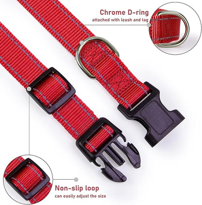 Reflective Dog Collar with Buckle Adjustable Safety Nylon Collars for Small Medium Large Dogs, Red M