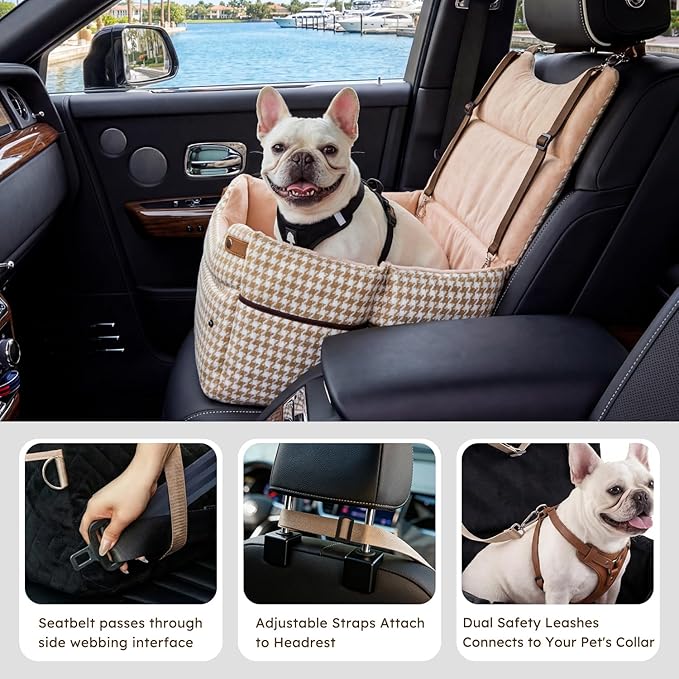 ZOMISIA Elevated Dog Car Seat for Medium Dogs, 3 Adjustable Heights with 2 Egg Crate Foam Boosters 4"+2", Dual-Sided Cooling&Plush Waterproof Cover, 2 Safety Leashes & Buckles, Houndstooth