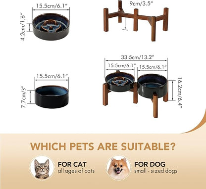 Ceramic 0.9 Cup Raised Slow Feeder Dog Bowl Set, Elevated 6.1inch Water Bowl and 6.1inch Slow Dish with Acacia Wood Stand for Small Dogs (2 x Starry Sky+ Stand)