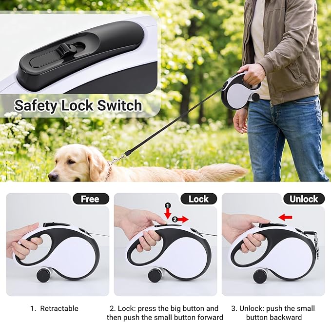 Segarty 26 Ft Walking Leash with Poop Bag Holder for Dogs Weighing 66 lbs - 110 lbs, 8m Retractable Heavy-Duty Leash 360°Tangle-Free with Anti-Slip Handle One-Handed Brake Pause Lock for Pet Outside