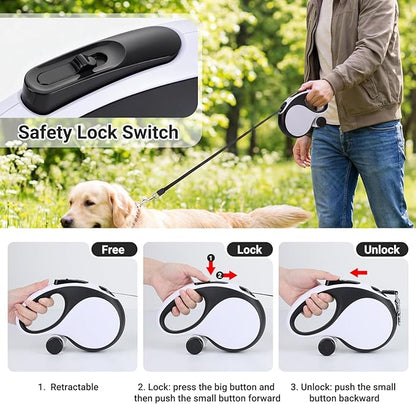 Segarty 26 Ft Walking Leash with Poop Bag Holder for Dogs Weighing 66 lbs - 110 lbs, 8m Retractable Heavy-Duty Leash 360°Tangle-Free with Anti-Slip Handle One-Handed Brake Pause Lock for Pet Outside