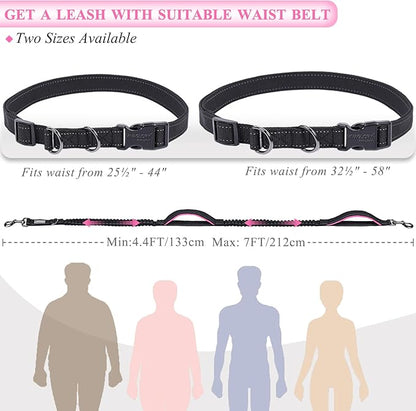 VIVAGLORY Hands Free Dog Leash Bungeetwin Running Dog Leash with Waist Belt for Running Walking & Jogging, Bungee & Around Waist for Pet, M, Black/Pink