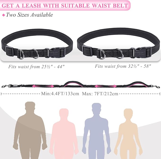 VIVAGLORY Hands Free Dog Leash Bungeetwin Running Dog Leash with Waist Belt for Running Walking & Jogging, Bungee & Around Waist for Pet, S, Black/Pink