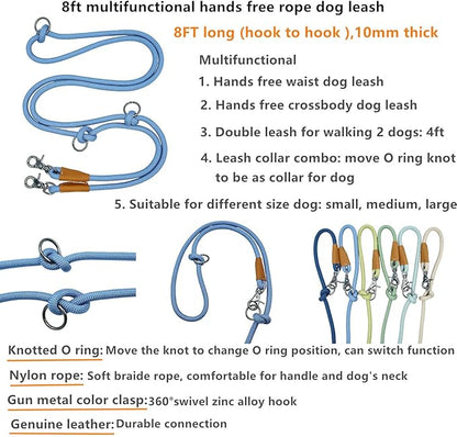 8FT Hands Free Dog Rope Leash, Waist Body Running Leash for Dog Walking (Air Blue, 8FTx10MM)