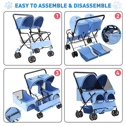 Magshion Side by Side Double Dog Stroller for 2 Small Dogs, Foldable Twin Pet Stroller with Breathable Mesh, Storage Basket, Swivel Wheels for Outdoor Walks & Daily Use, Blue