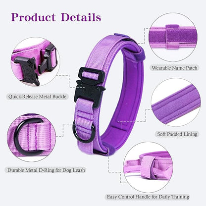 Xqpetlihai Tactical Dog Collar Adjustable Military Nylon Dog Collar with Control Handle and Heavy Duty Metal Buckle for Medium and Large Dogs (Purple,L)