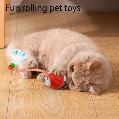 Interactive Cat Toy Ball - 2Pcs Speedy Cat Toys for Indoor Cats with Feather Tails for Chasing with 2Pcs Replaceable Tails ，Automatic Kitten Toys for Bored Indoor Adult Cats
