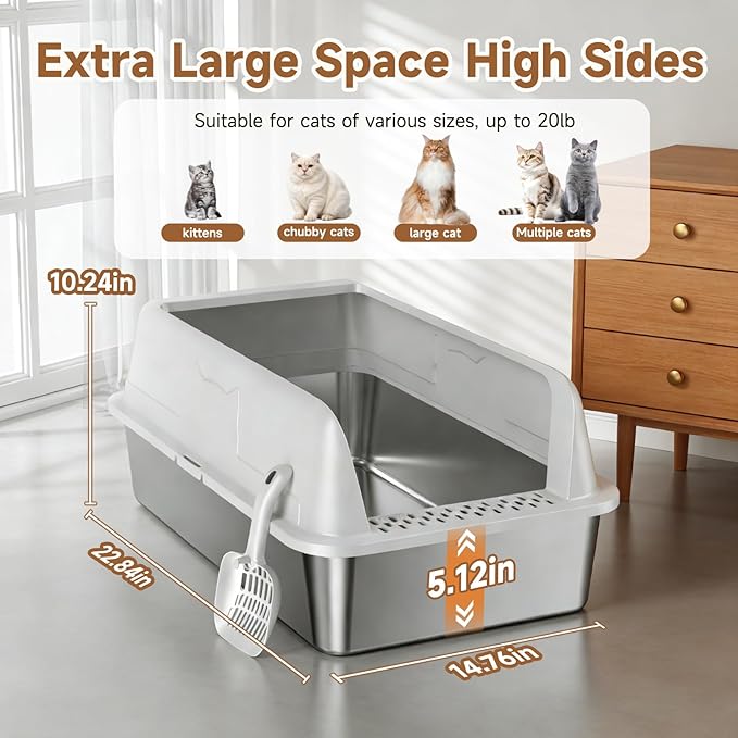 Extra Large Stainless Steel High Sides Cat Litter Box with Scoop, XL 23"X15"X10.3" Metal Odor Resistant Nonstick Easy Clean Kitty Litterbox, Gray