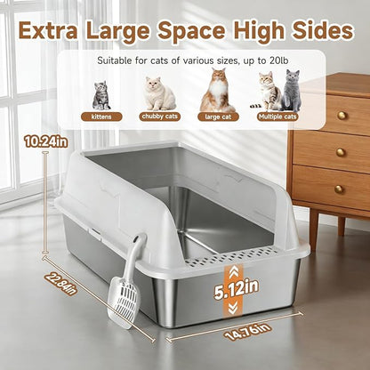 Extra Large Stainless Steel High Sides Cat Litter Box with Scoop, XL 23"X15"X10.3" Metal Odor Resistant Nonstick Easy Clean Kitty Litterbox, Gray
